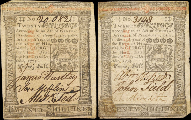 Lot of (2) PA-169. Pennsylvania. October 1, 1773. 20 Shillings. Very Fine.
Two ...