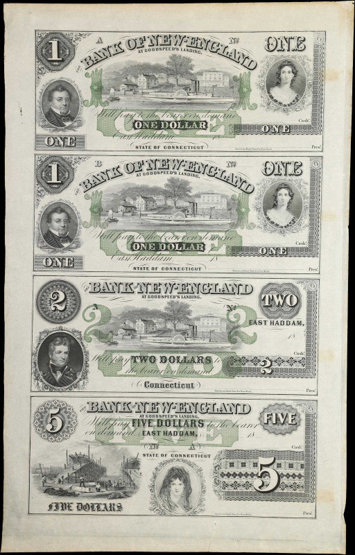 Uncut Sheet of (4) East Haddam, Connecticut. Bank of New-England. 18xx $1-$1-$2-...