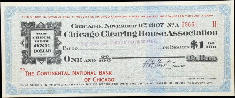 Chicago, Illinois. Chicago Clearing House Association. 1907 $1. Extremely Fine....