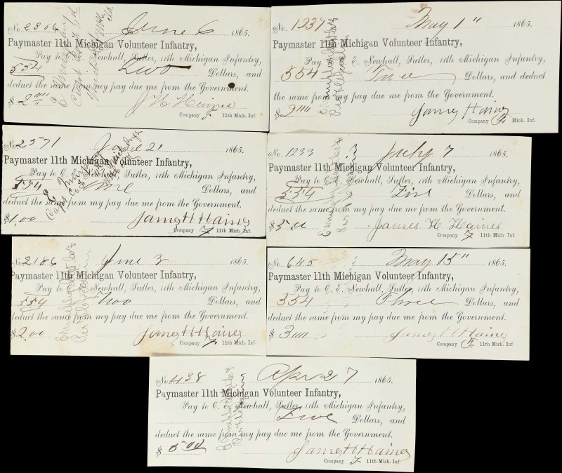 Lot of (7). Michigan. Paymaster 11th Michigan Volunteer Infantry. 1865 Mixed Den...