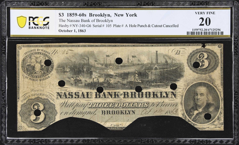 Brooklyn, New York. Nassau Bank of Brooklyn. 1863 $3. PCGS Banknote Very Fine 20...