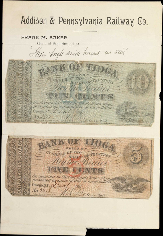 Lot of (2) Owego, New York. Bank of Tioga. 1862 5 & 10 Cents. Very Good to Fine....