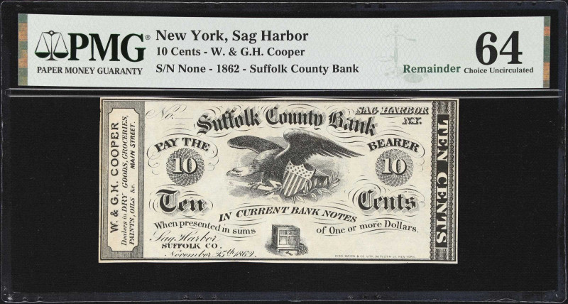 Sag Harbor, New York. Suffolk County Bank. 1862 10 Cents. PMG Choice Uncirculate...