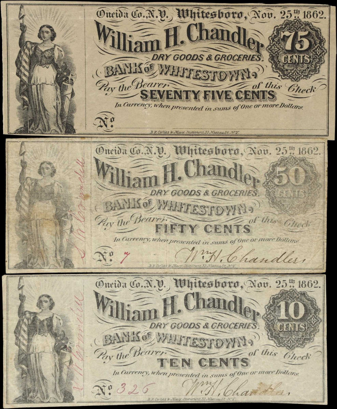 Lot of (3) Whitesboro, New York. Bank of Whitestown. 1862 10, 50 & 75 Cents. Ver...