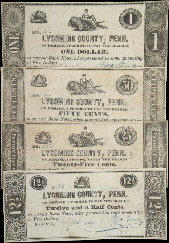 Lot of (4) Black Hole, Pennsylvania. Lycoming County. 1838 12 1/2, 25, 50 Cents ...