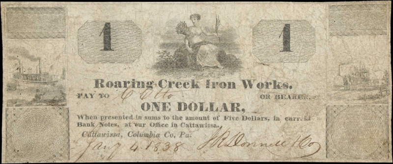 Cattawissa, Pennsylvania. Roaring Creek Iron Works. 1838 $1. Very Good.
From th...