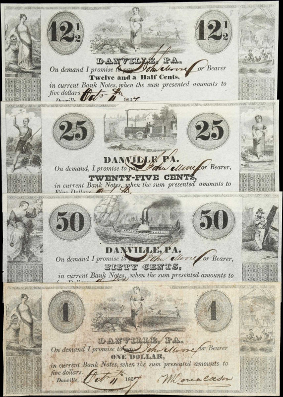 Lot of (4) Danville, Pennsylvania. City of Danville. 1837 12 1/2, 25, 50 Cents &...