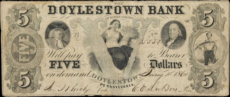 Doylestown, Pennsylvania. Doylestown Bank. 1860 $5. Fine.
No. 15330. Plate B. I...