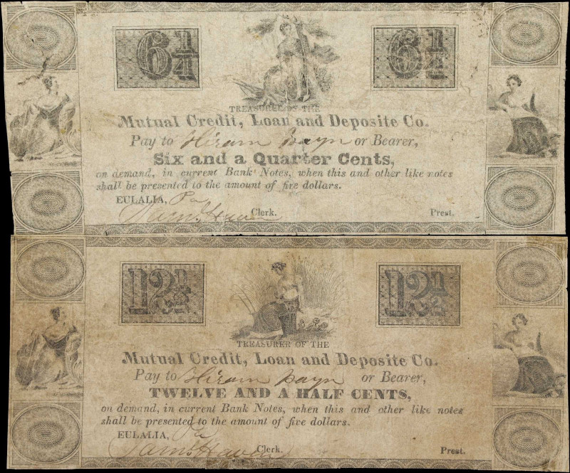 Lot of (2) Eulalia, Pennsylvania. Mutual Credit, Loan & Deposit Company. ND (183...