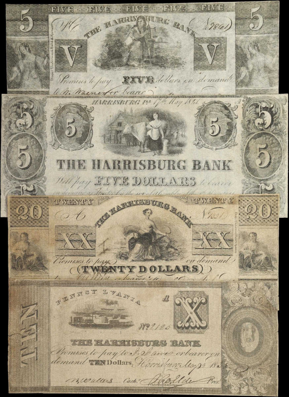 Lot of (4) Harrisburg, Pennsylvania. Harrisburg Bank. 1836-41 $5, $10 & $20. Ver...