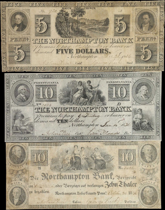 Lot of (3) Northampton, Pennsylvania. Northampton Bank. 1836 $5 & $10. Fine.
A ...