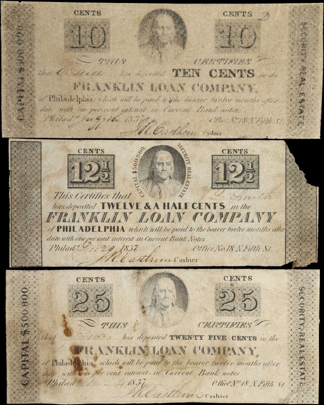 Lot of (3) Philadelphia, Pennsylvania. Franklin Loan Company. 1837 10, 12 1/4 & ...