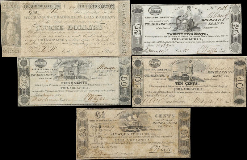 Lot of (5) Philadelphia, Pennsylvania. Mechanics & Tradesmens Loan Company. 1837...