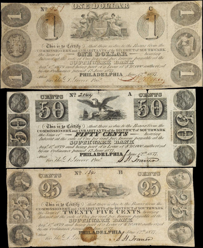 Lot of (3) Philadelphia, Pennsylvania. Southwark Bank. 1837 25 Cents, 50 Cents &...