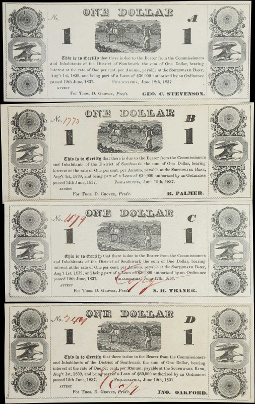 Lot of (4) Philadelphia, Pennsylvania. Southwark Bank. 1837 $1. Choice Uncircula...