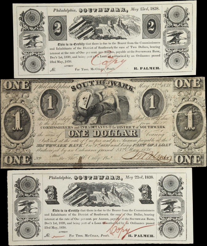 Lot of (3) Philadelphia, Pennsylvania. Southwark Bank. 1838 $1 & $2. Fine to Cho...