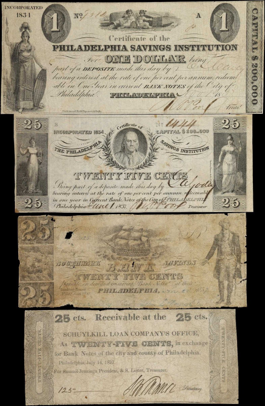 Lot of (4) Philadelphia, Pennsylvania. Mixed Banks. 1837 25 Cents & $1. Very Goo...