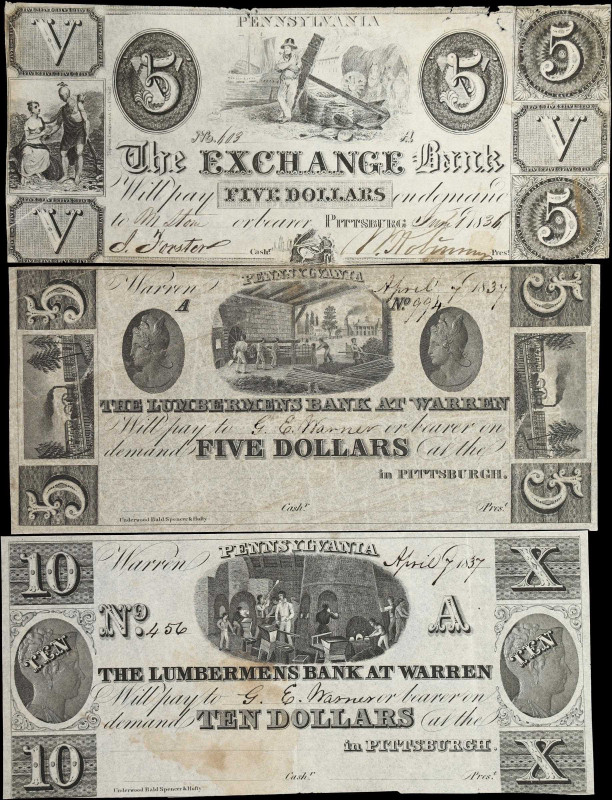 Lot of (3) Pittsburgh, Pennsylvania. Exchange Bank & Lumbermens Bank at Warren. ...