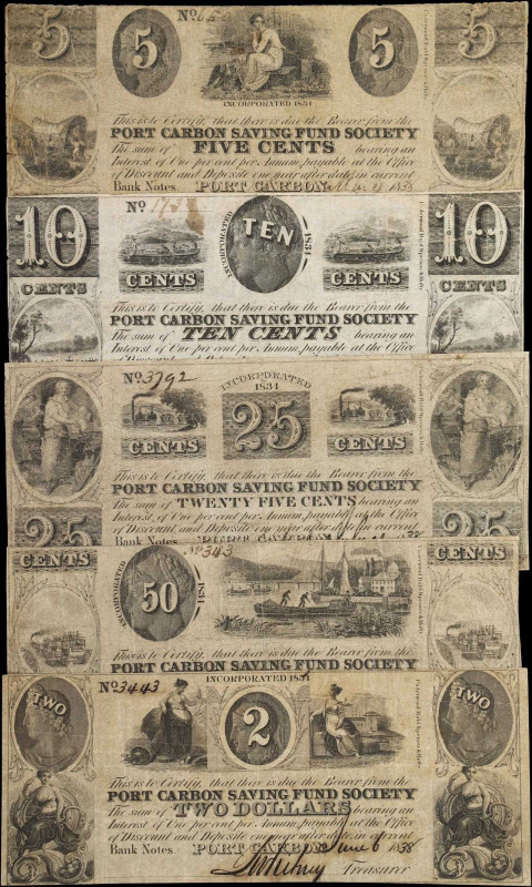 Lot of (5) Port Carbon, Pennsylvania. Port Carbon Saving Fund Society. 1837-38 5...