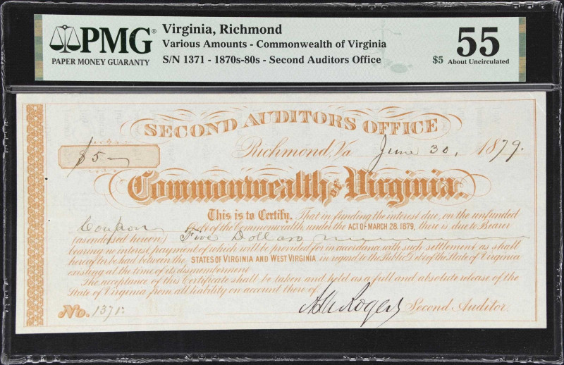 Richmond, Virginia. Commonwealth of Virginia. 1879 $5. PMG About Uncirculated 55...