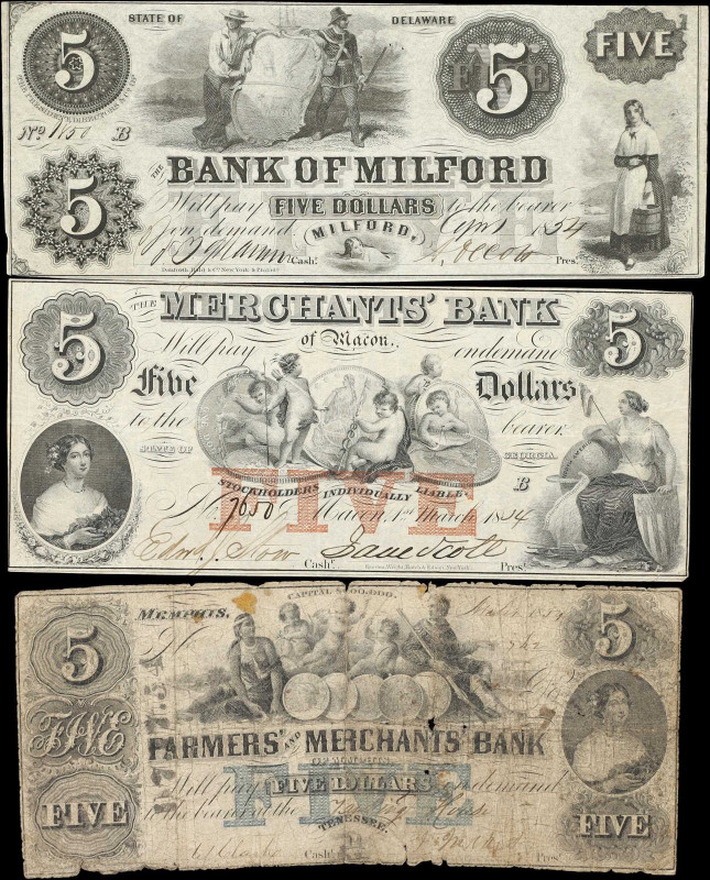 Lot of (3) Mixed Obsoletes. Delaware, Georgia & Tennessee. 1854 $5. Very Good to...