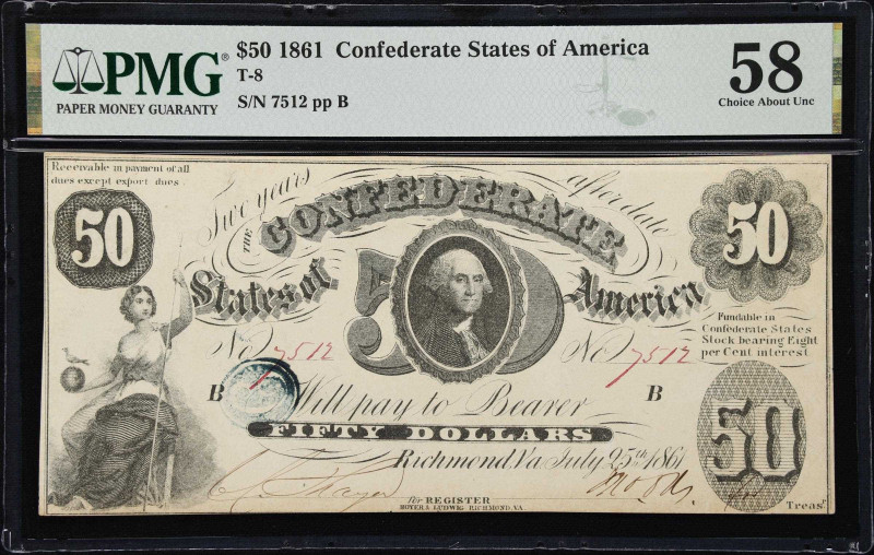 T-8. Confederate Currency. 1861 $50. PMG Choice About Uncirculated 58.
No. 7512...