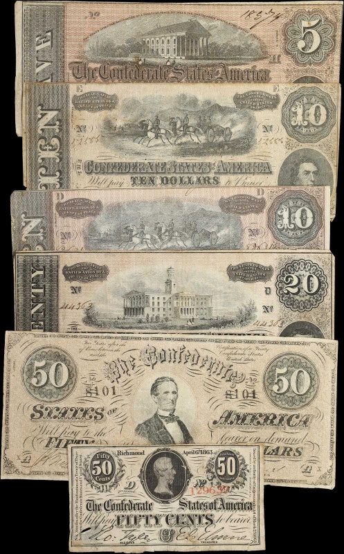 Lot of (6) T-63, T-66, T-67, T-68 & T-69. Confederate Currency. 1863-64 50 Cents...