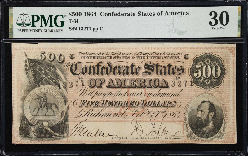 T-64. Confederate Currency. 1864 $500. PMG Very Fine 30.
No. 13271. Plate C. An...