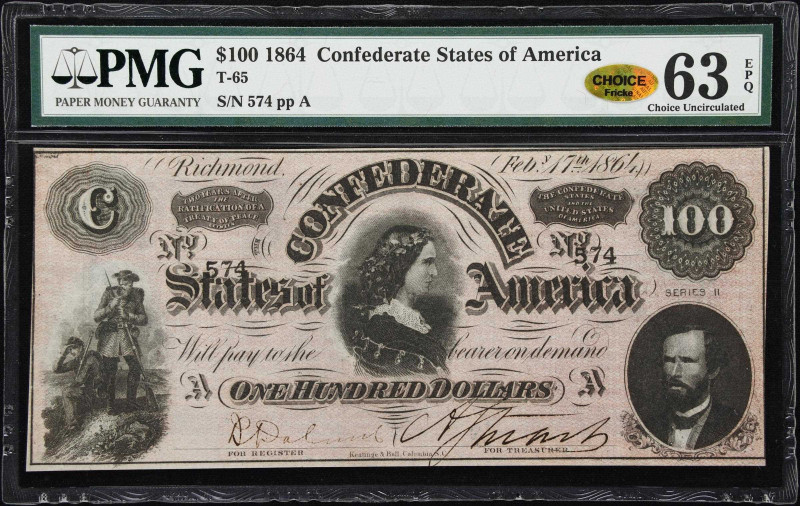 T-65. Confederate Currency. 1864 $100. PMG Choice Uncirculated 63 EPQ.
No. 574....