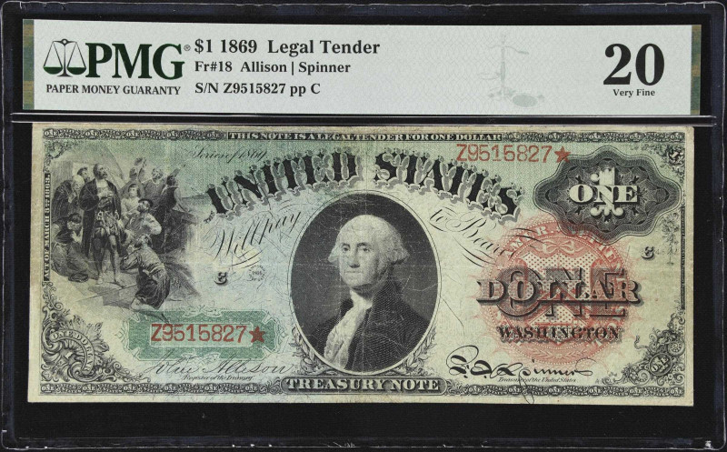 Fr. 18. 1869 $1 Legal Tender Note. PMG Very Fine 20.
The Rainbow design has alw...