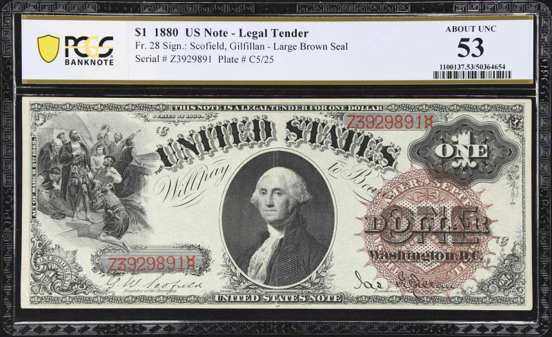 Fr. 28. 1880 $1 Legal Tender Note. PCGS Banknote About Uncirculated 53.
The har...