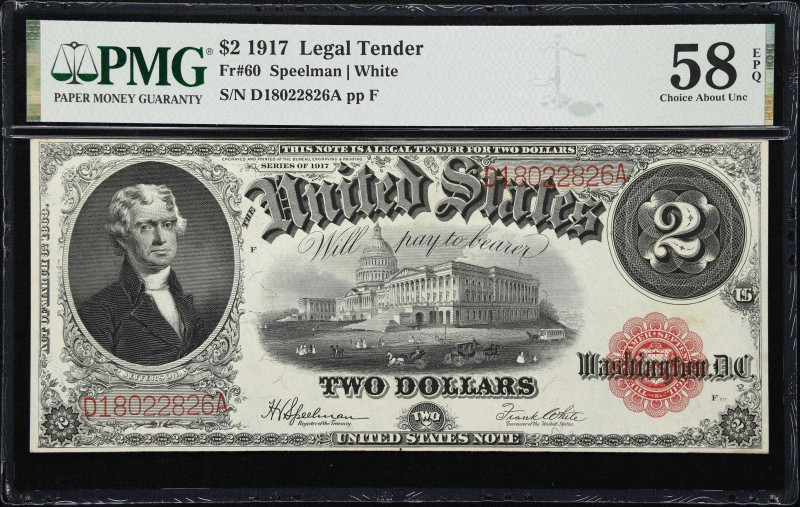 Fr. 60. 1917 $2 Legal Tender Note. PMG Choice About Uncirculated 58 EPQ.
A repr...