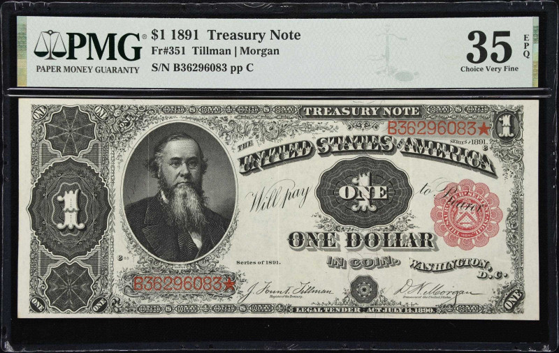 Fr. 351. 1891 $1 Treasury Note. PMG Choice Very Fine 35 EPQ.
An utterly origina...