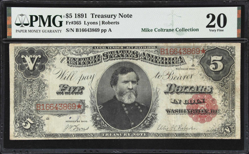 Fr. 365. 1891 $5 Treasury Note. PMG Very Fine 20.
A scarce Friedberg Number wit...