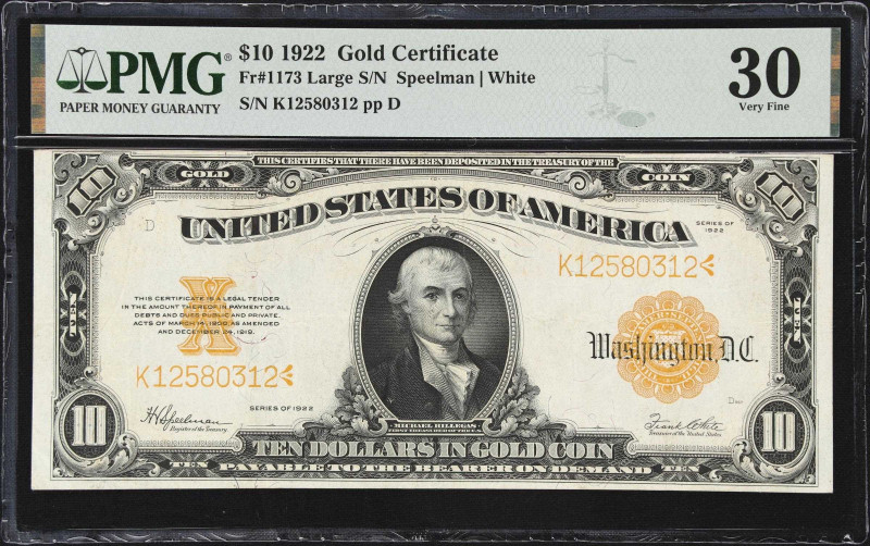 Fr. 1173. 1922 $10 Gold Certificate. PMG Very Fine 30.
Good color and sharply p...