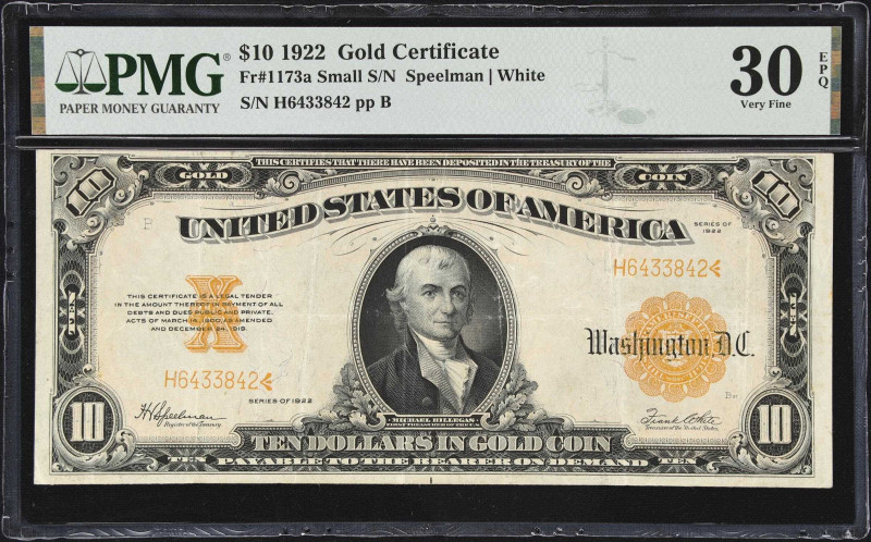 Fr. 1173a. 1922 $10 Gold Certificate. PMG Very Fine 30 EPQ.
Lovely color leads ...