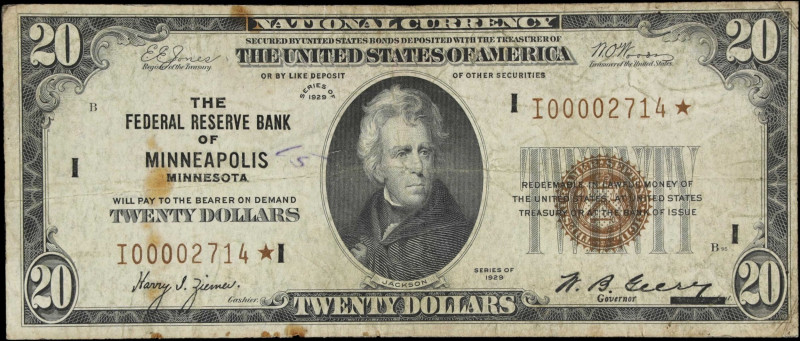 Fr. 1870-I*. 1929 $20 Federal Reserve Bank Star Note. Minneapolis. Fine to Very ...