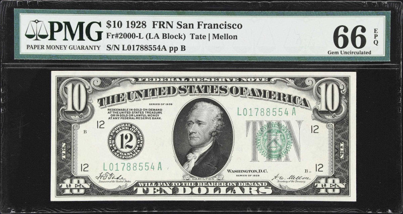 Fr. 2000-L. 1928 $10 Federal Reserve Note. San Francisco. PMG Gem Uncirculated 6...