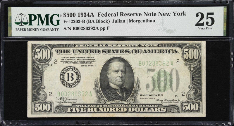 Fr. 2202-B. 1934A $500 Federal Reserve Note. New York. PMG Very Fine 25.
An eve...