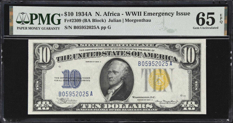 Fr. 2309. 1934A $10 North Africa Emergency Note. PMG Gem Uncirculated 65 EPQ.
D...