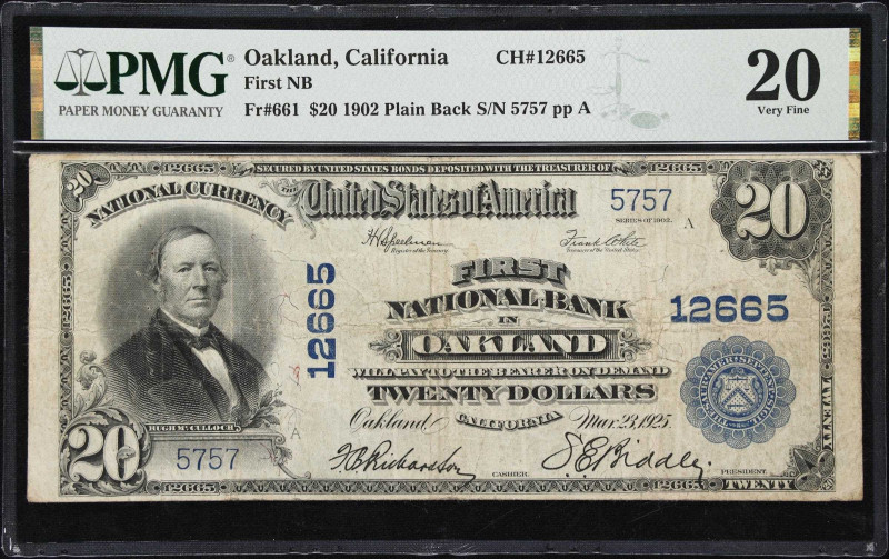 Oakland, California. $20 1902 Plain Back. Fr. 661. First National Bank. Charter ...