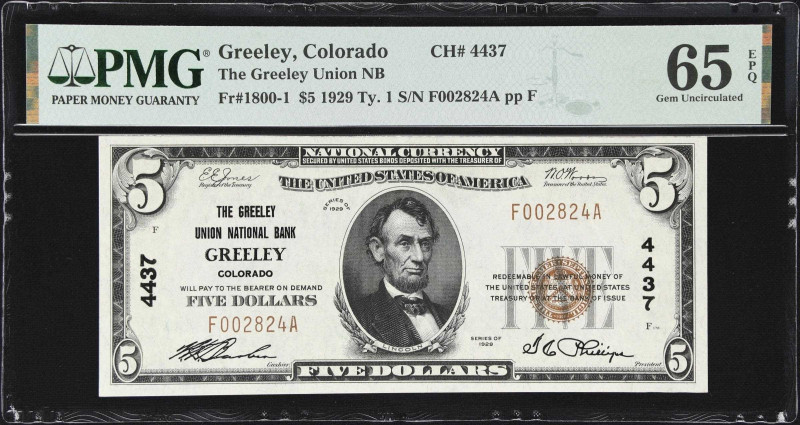 Greeley, Colorado. $5 1929 Ty. 1. Fr. 1800-1. Greeley Union NB. Charter #4437. P...