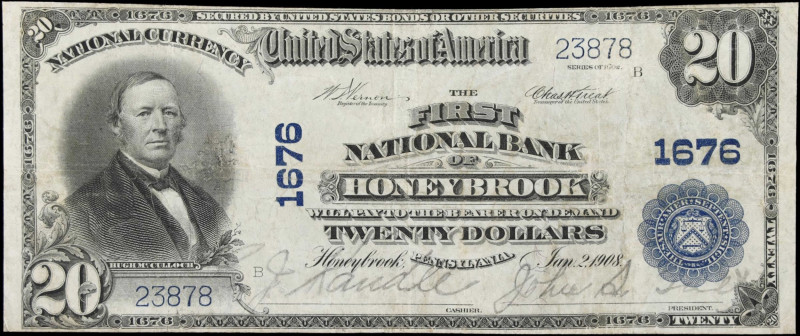 Honeybrook, Pennsylvania. $20 1902 Plain Back. Fr. 652. First NB. Charter #1676....