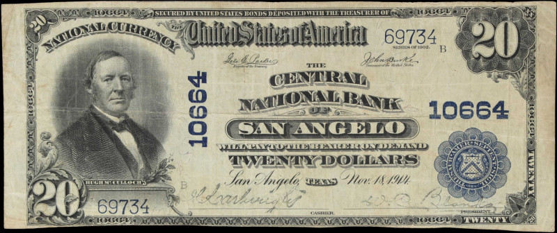 San Angelo, Texas. $20 1902 Plain Back. Fr. 657. The Central NB. Charter #10664....