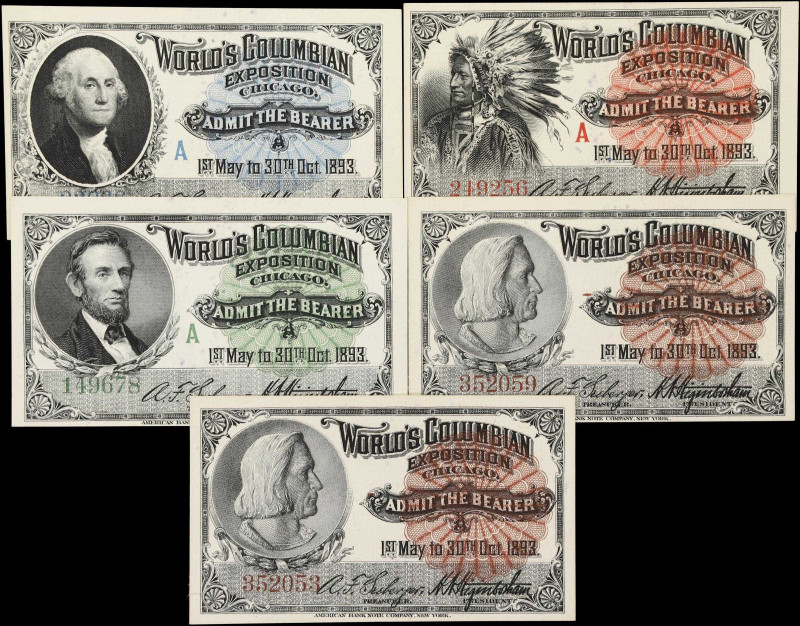 Lot of (5) Chicago, Illinois. World's Columbian Exposition. 1893 Admit One. Choi...