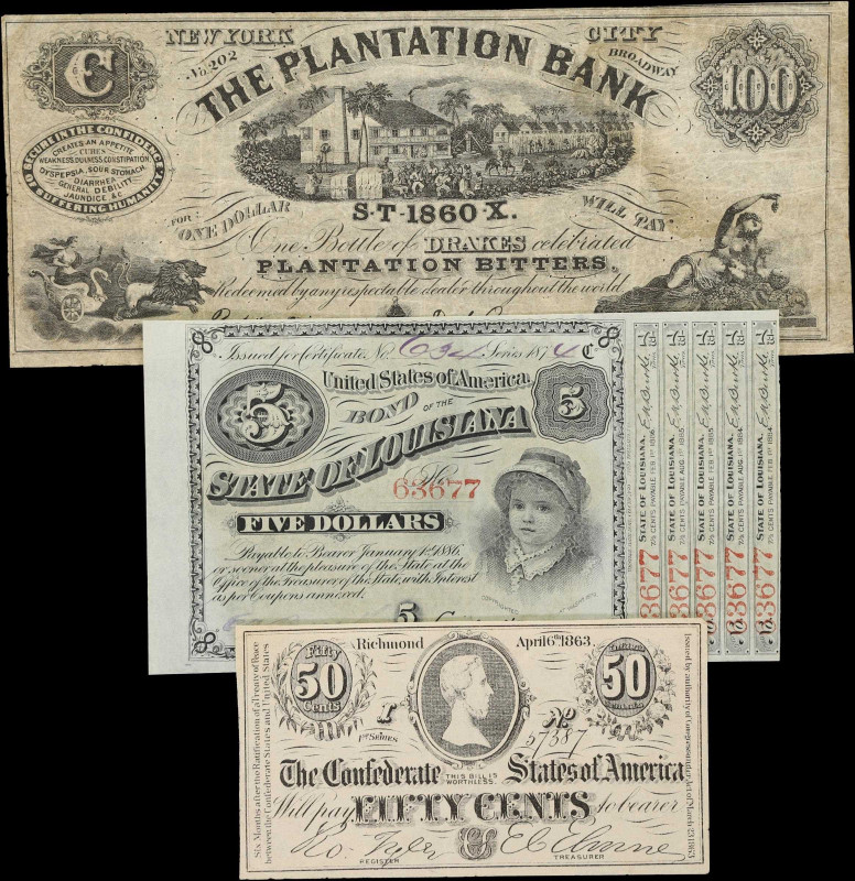 Lot of (3) Mixed Obsoletes. Louisiana & New York. 1860-85 50 Cents, $5 & $100. F...