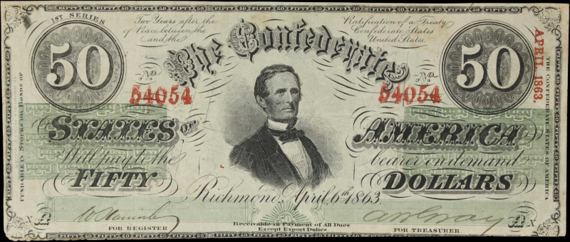 T-50. Confederate Currency. 1863 $50. Very Fine. Repeater Serial Number.
No. 54...