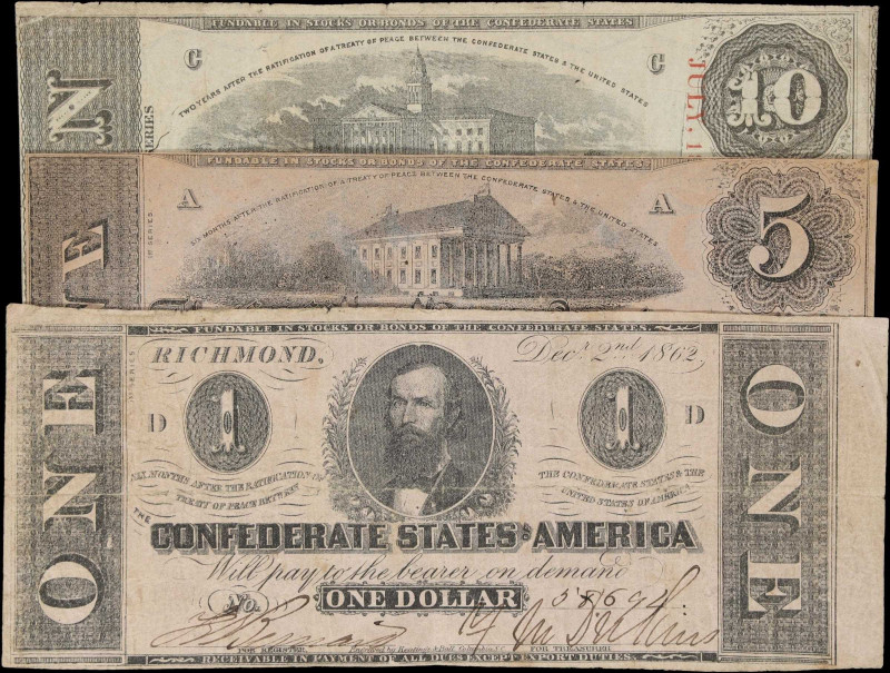 Lot of (3) T-53, T-55 & T-59. Confederate Currency. 1862-63 $1, $5 & $10. Fine t...