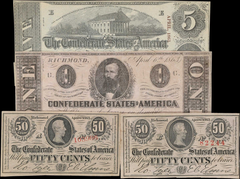 Lot of (4) T-60, T-62 & T-63. Confederate Currency. 1863 50 Cents, $1 & $5. Very...