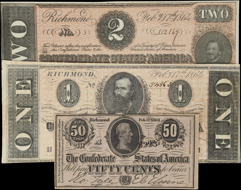 Lot of (3) T-70, T-71 & T-72. Confederate Currency. 1864 50 Cents, $1 & $2. Very...